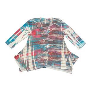 Cubism Tunic Top 3/4 Sleeve Abstract Peplum Blouse Size Medium Artsy Flare